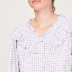Cheap Checked Shirt With Ruffled Collar Women Tops & Shirts
