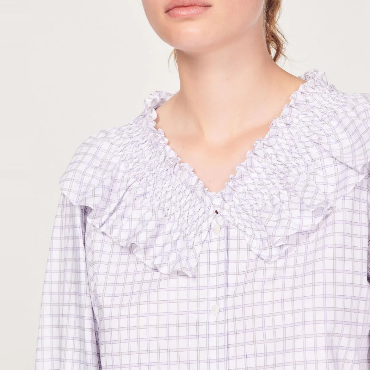 Cheap Checked Shirt With Ruffled Collar Women Tops & Shirts