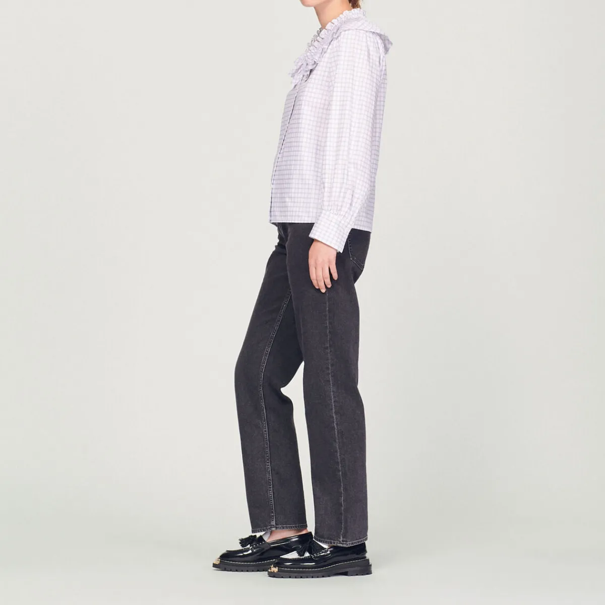 Cheap Checked Shirt With Ruffled Collar Women Tops & Shirts