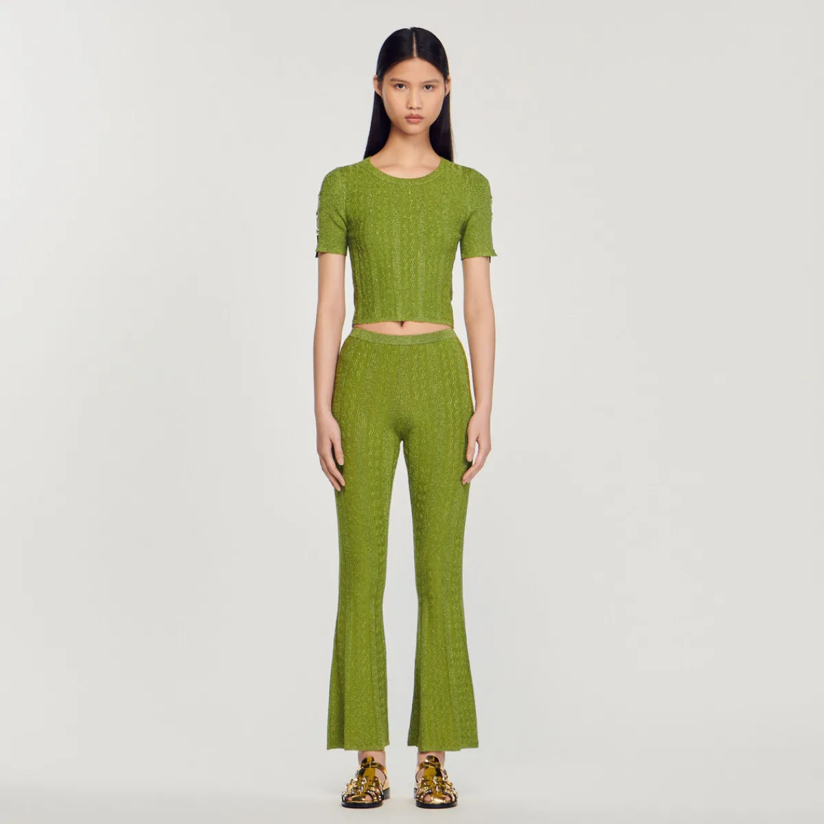 Outlet Cropped Metallic Knit Sweater Women Matching Sets