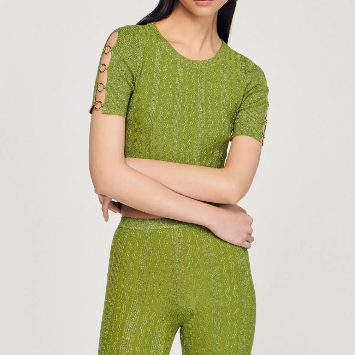 Outlet Cropped Metallic Knit Sweater Women Matching Sets