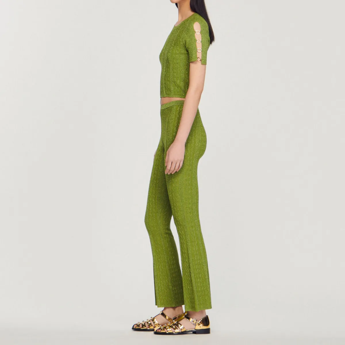 Outlet Cropped Metallic Knit Sweater Women Matching Sets