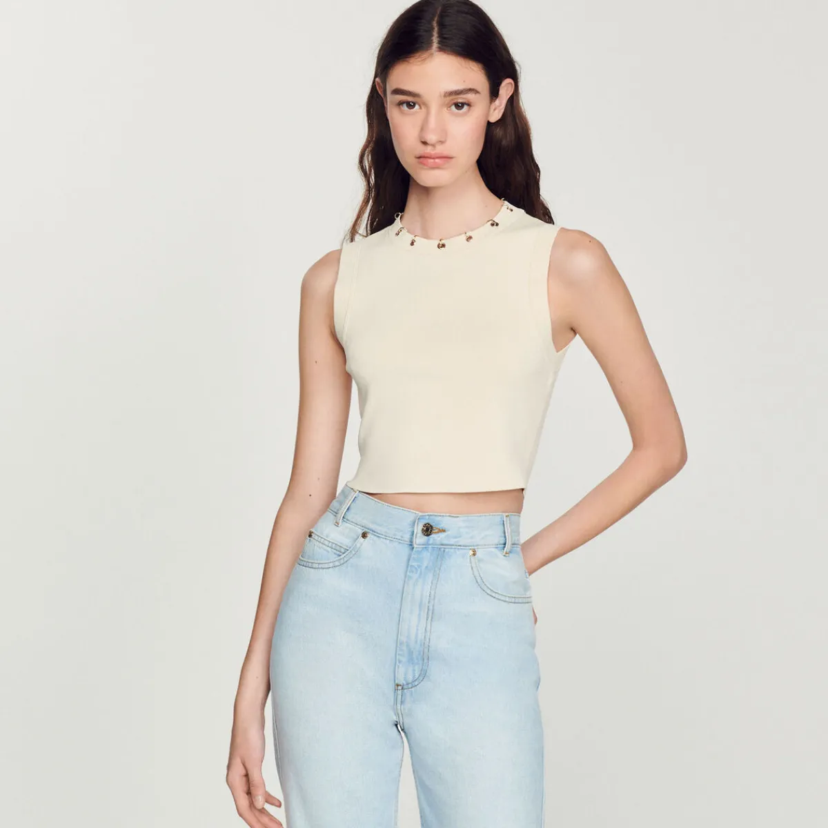 Cheap Cropped Sweater With Eyelets And Rings Women Matching Sets