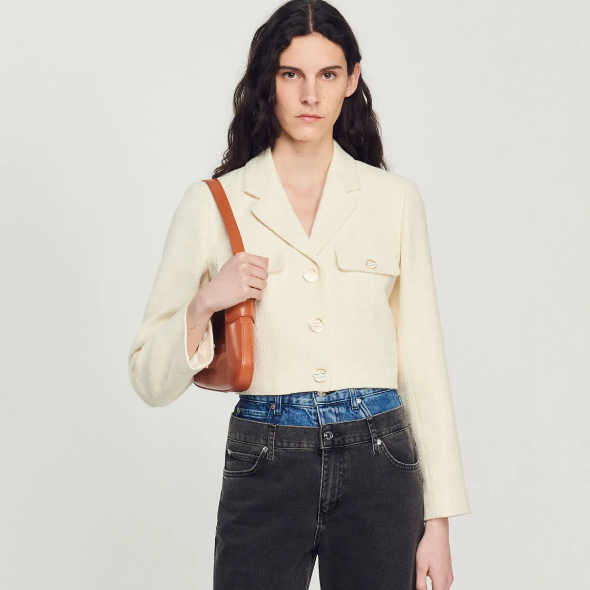 Fashion Cropped Tweed Button-Up Jacket Women Matching Sets