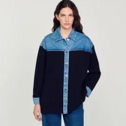 Online Dual Material Jacket Style Cardi-Coat Women Coatigans