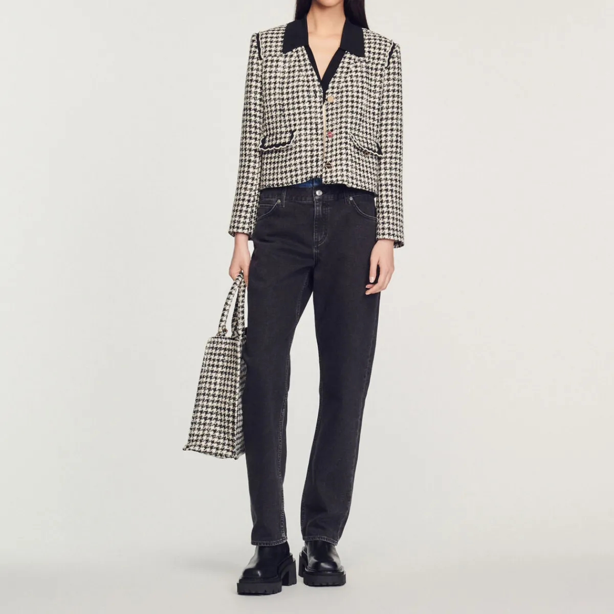 Discount Houndstooth Tweed Jacket Women Jackets & Blazers