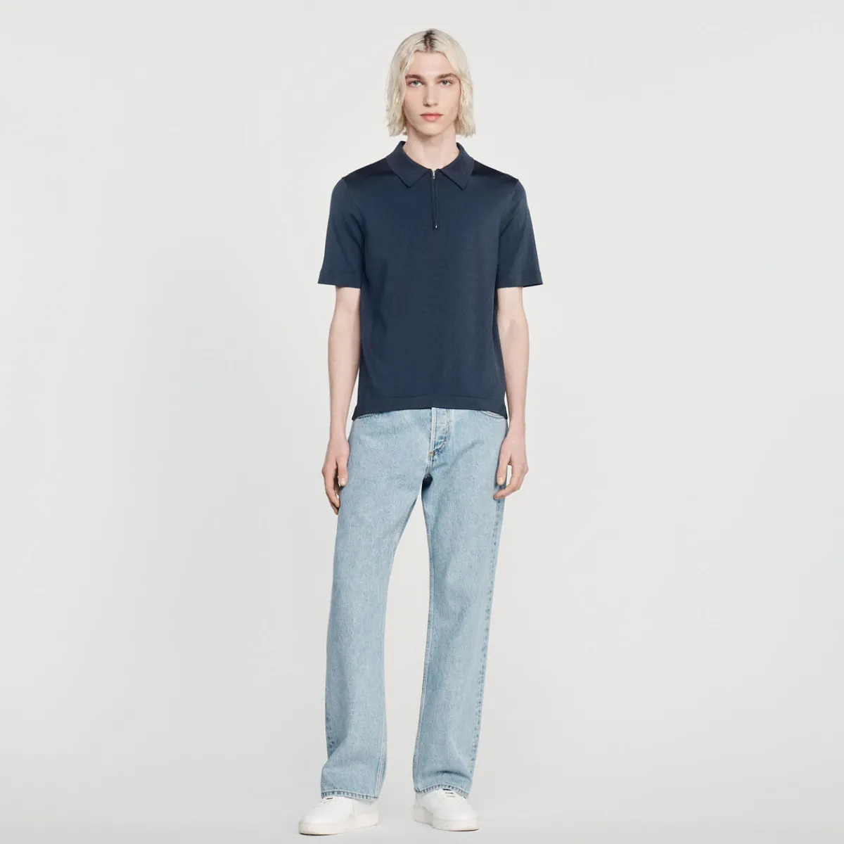 Cheap Knitted Polo Shirt With Zip Collar Men T-Shirts & Polos