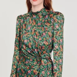 Hot Midi Dress With Autumn Flowers Print Women Dresses