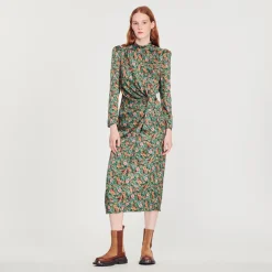 Hot Midi Dress With Autumn Flowers Print Women Dresses