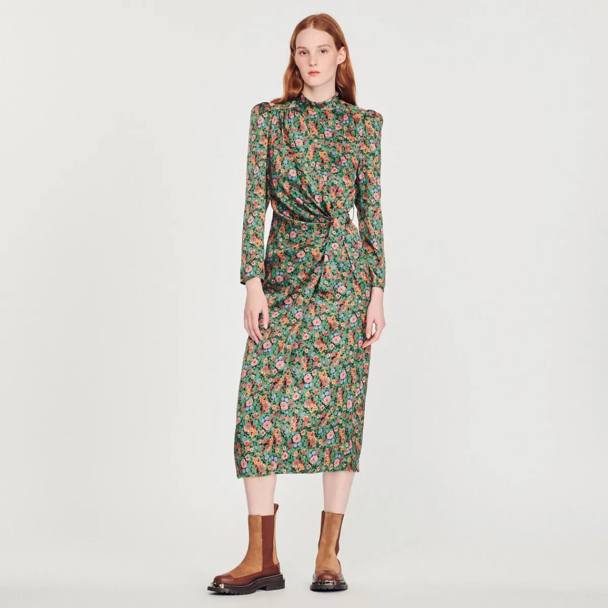 Hot Midi Dress With Autumn Flowers Print Women Dresses