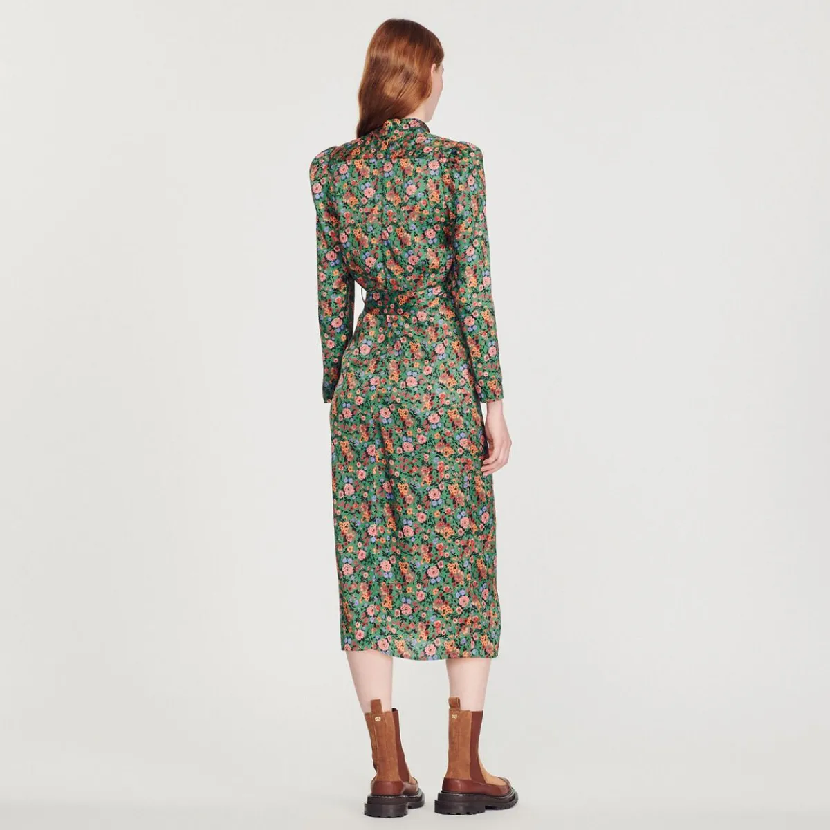 Hot Midi Dress With Autumn Flowers Print Women Dresses