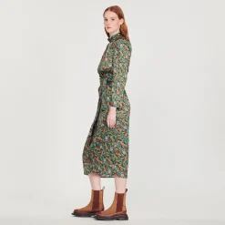 Hot Midi Dress With Autumn Flowers Print Women Dresses
