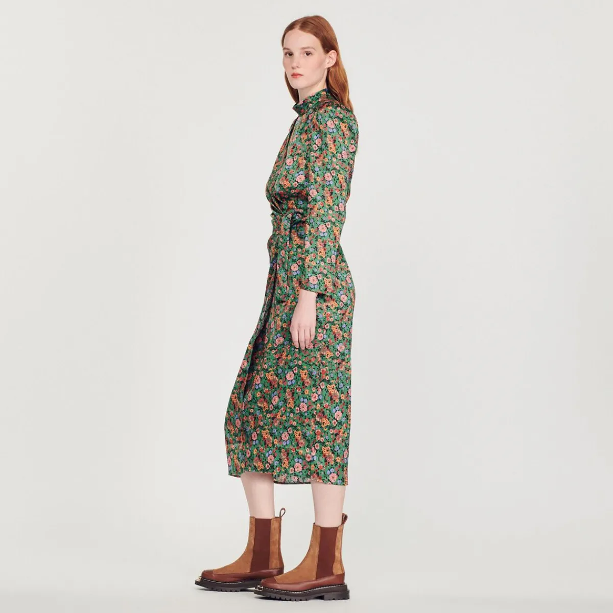 Hot Midi Dress With Autumn Flowers Print Women Dresses