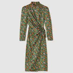 Hot Midi Dress With Autumn Flowers Print Women Dresses