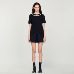 Hot Organic Cotton Jewelled Collar T-Shirt Women T-Shirts