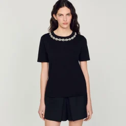 Hot Organic Cotton Jewelled Collar T-Shirt Women T-Shirts
