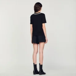 Hot Organic Cotton Jewelled Collar T-Shirt Women T-Shirts