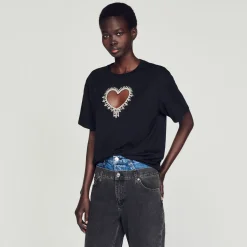 Cheap Organic Cotton Rhinestone Heart T-Shirt Women T-Shirts