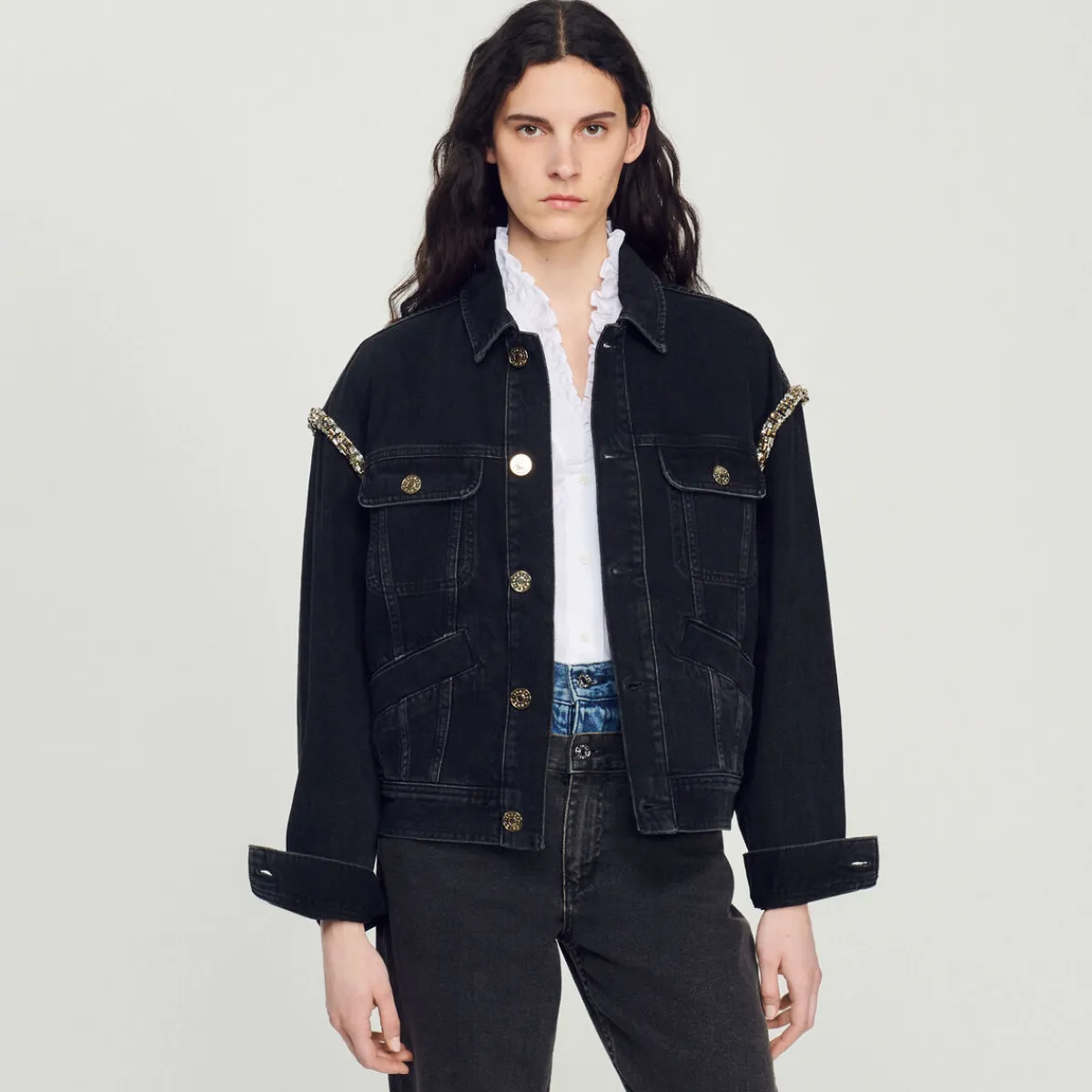 Sale Oversized Denim Jacket With Rhinestones Women Jackets & Blazers