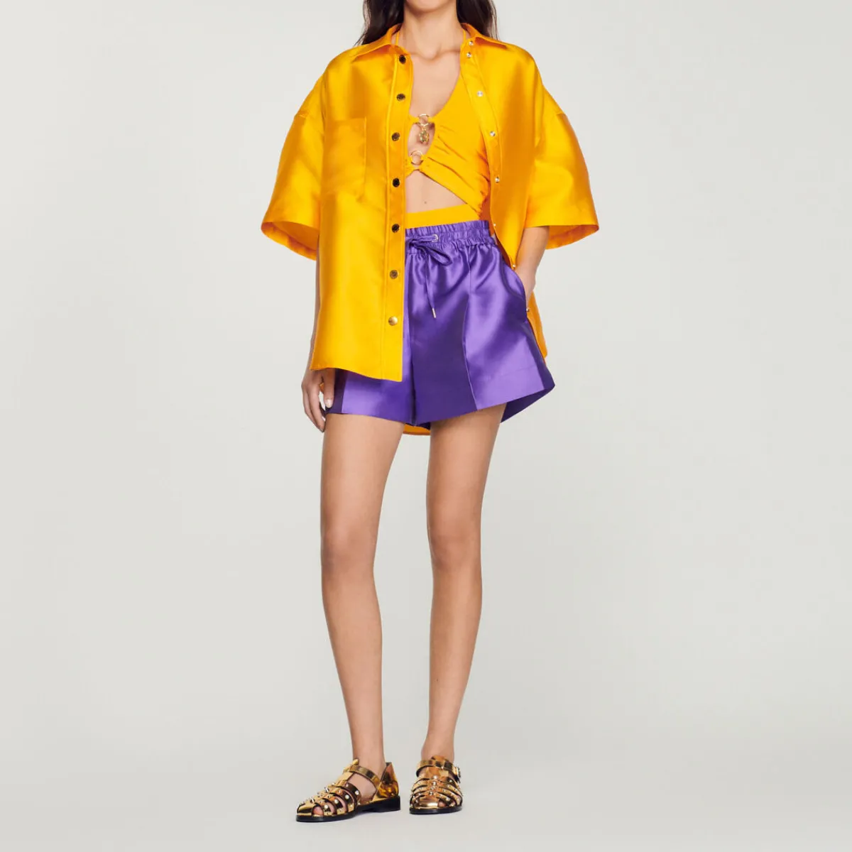 Outlet Oversized Satin Shirt Women Matching Sets