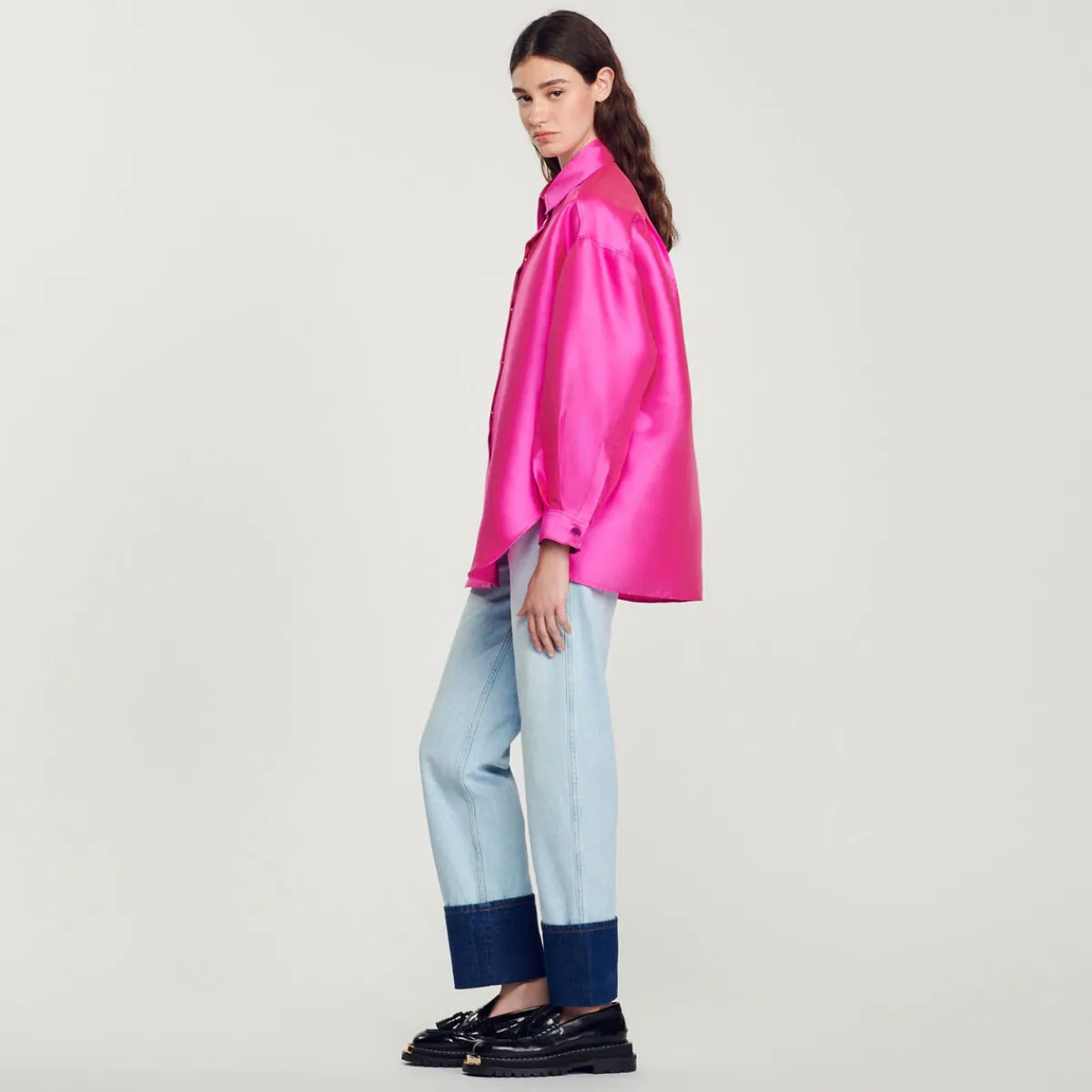 Cheap Oversized Satiny Shirt Women Matching Sets