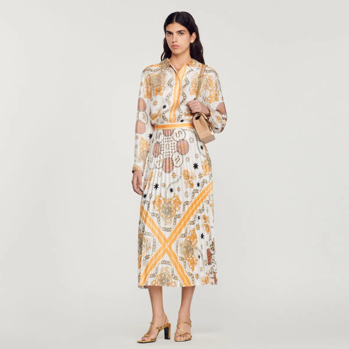 Outlet Scarf Print Pleated Skirt Women Matching Sets