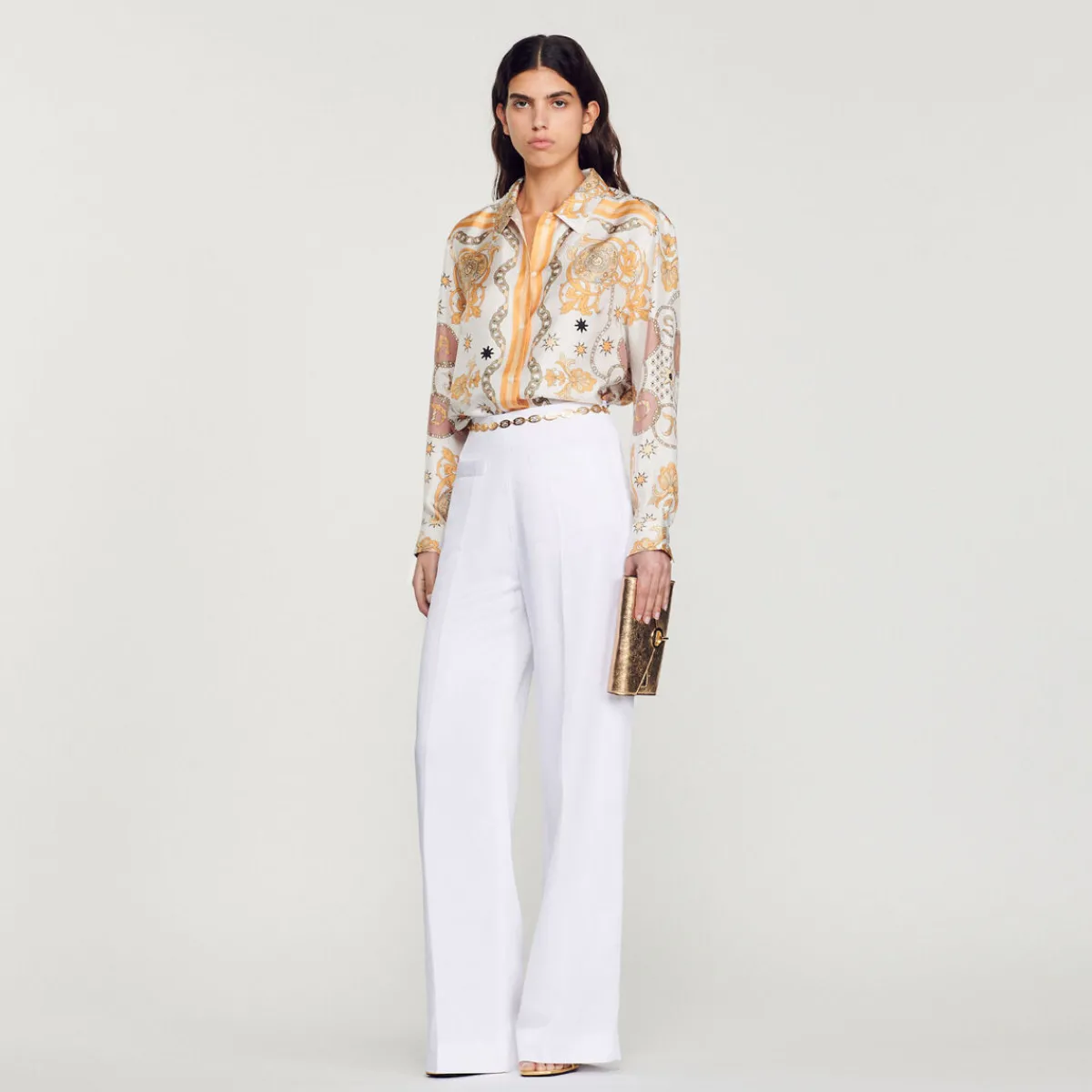 Cheap Scarf Print Silk Shirt Women Matching Sets