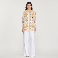 Cheap Scarf Print Silk Shirt Women Matching Sets