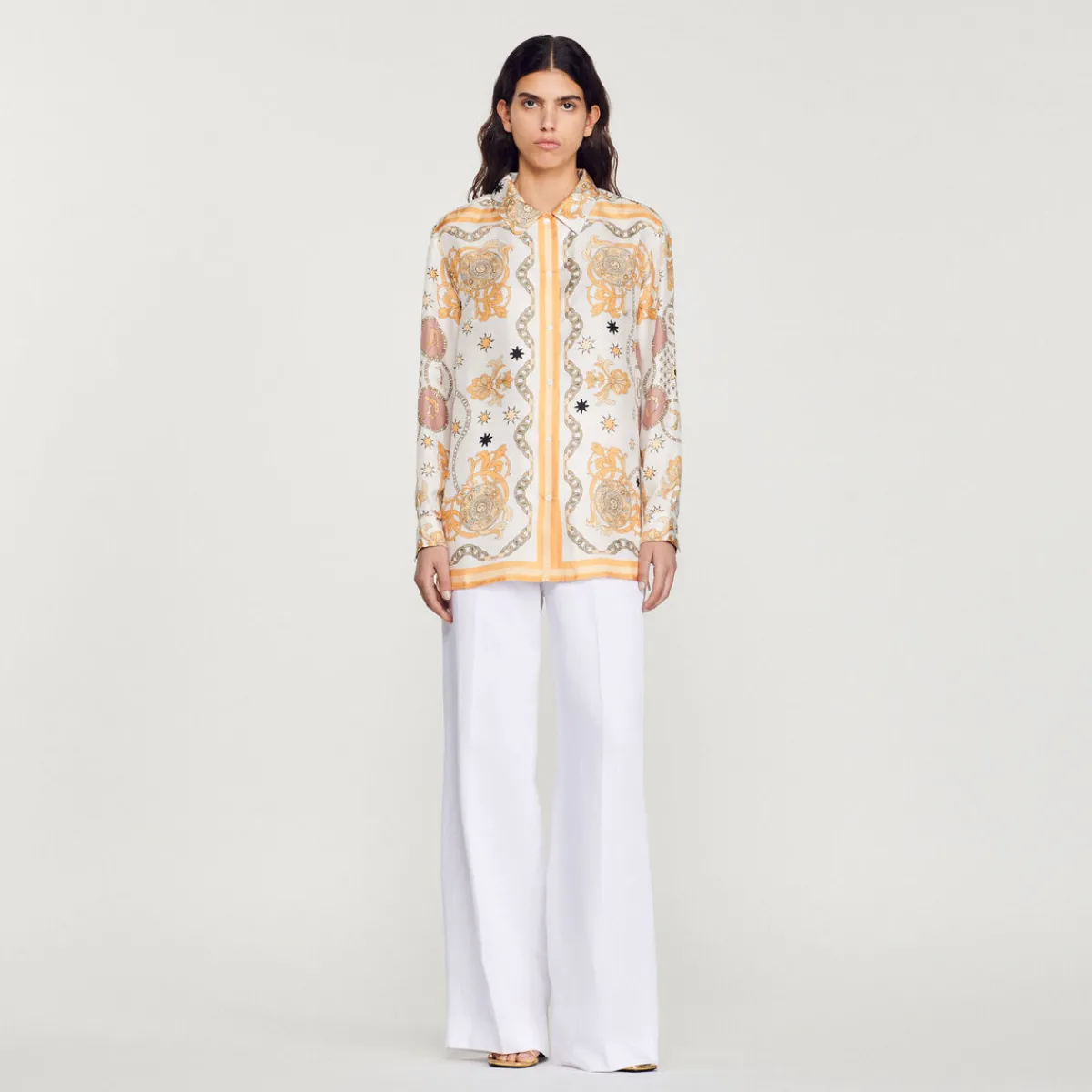 Cheap Scarf Print Silk Shirt Women Matching Sets
