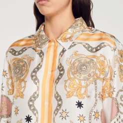 Cheap Scarf Print Silk Shirt Women Matching Sets