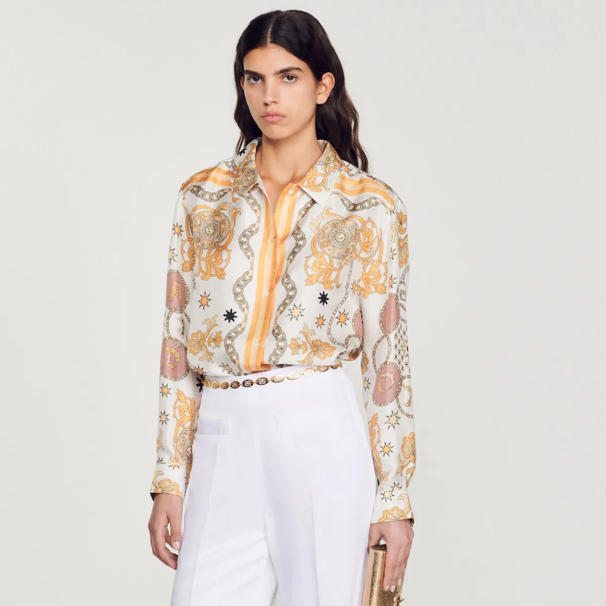 Cheap Scarf Print Silk Shirt Women Matching Sets