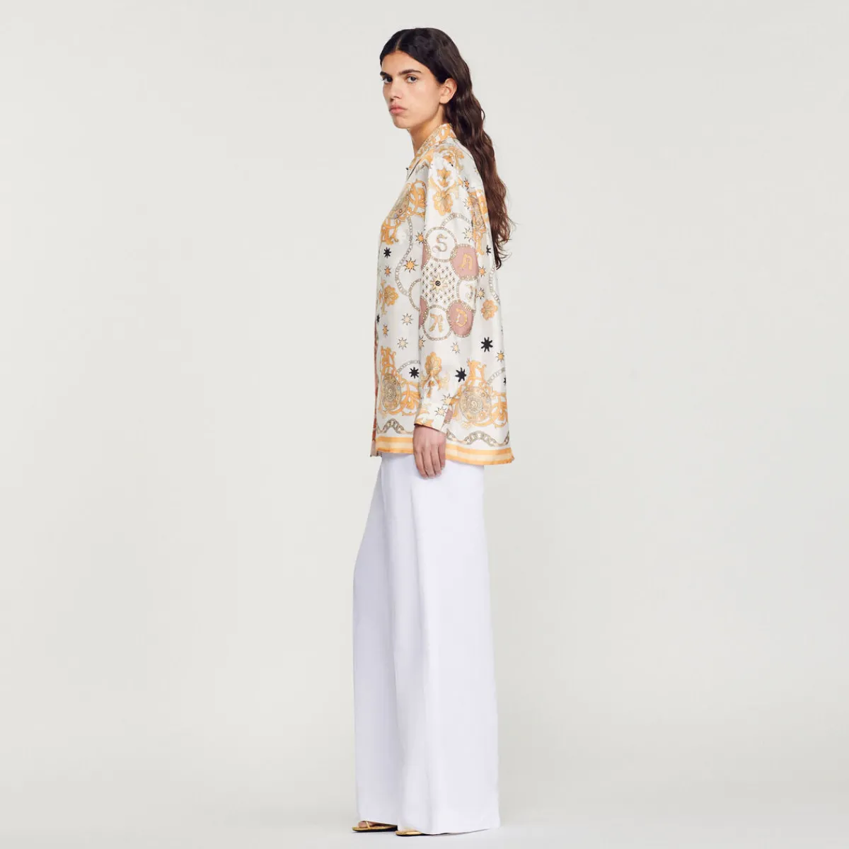 Cheap Scarf Print Silk Shirt Women Matching Sets