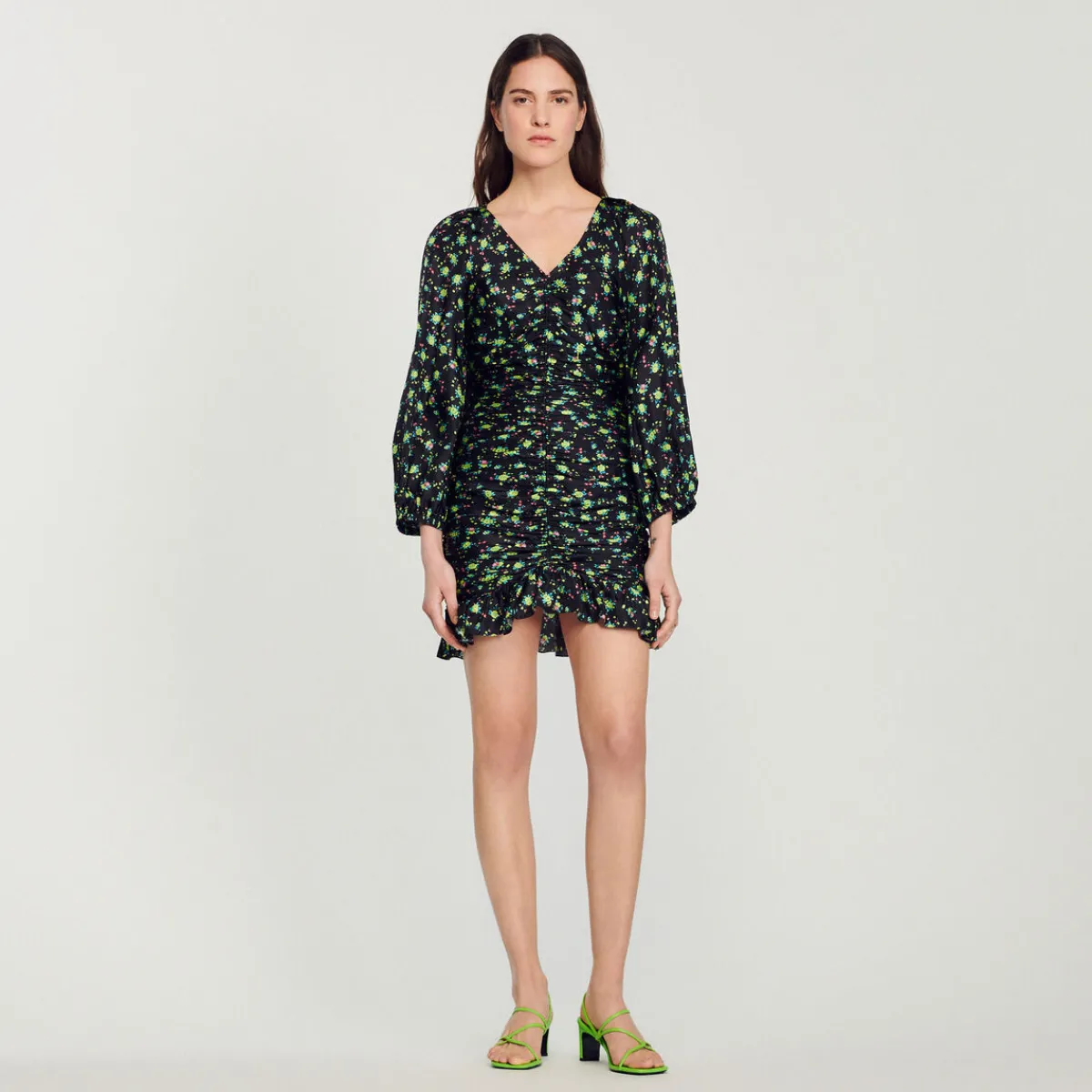 Store Short Gathered Dress With A Floral Print Women Dresses