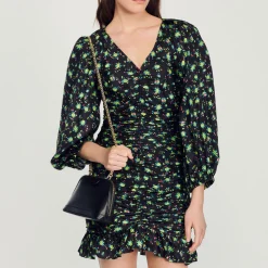 Store Short Gathered Dress With A Floral Print Women Dresses