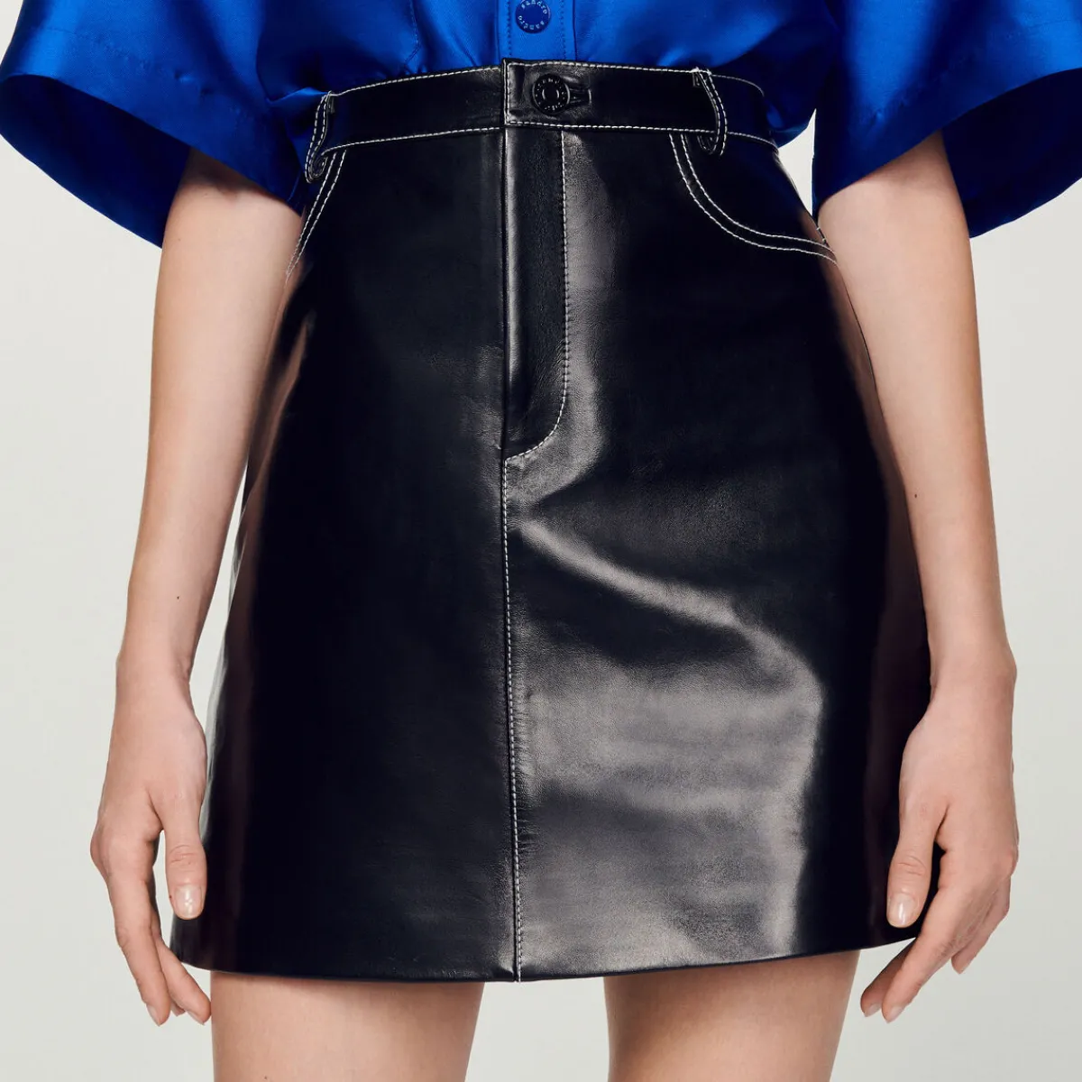 Best Sale Short Topstitched Leather Skirt Women Skirts