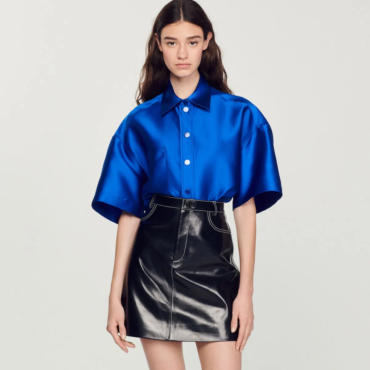 Best Sale Short Topstitched Leather Skirt Women Skirts