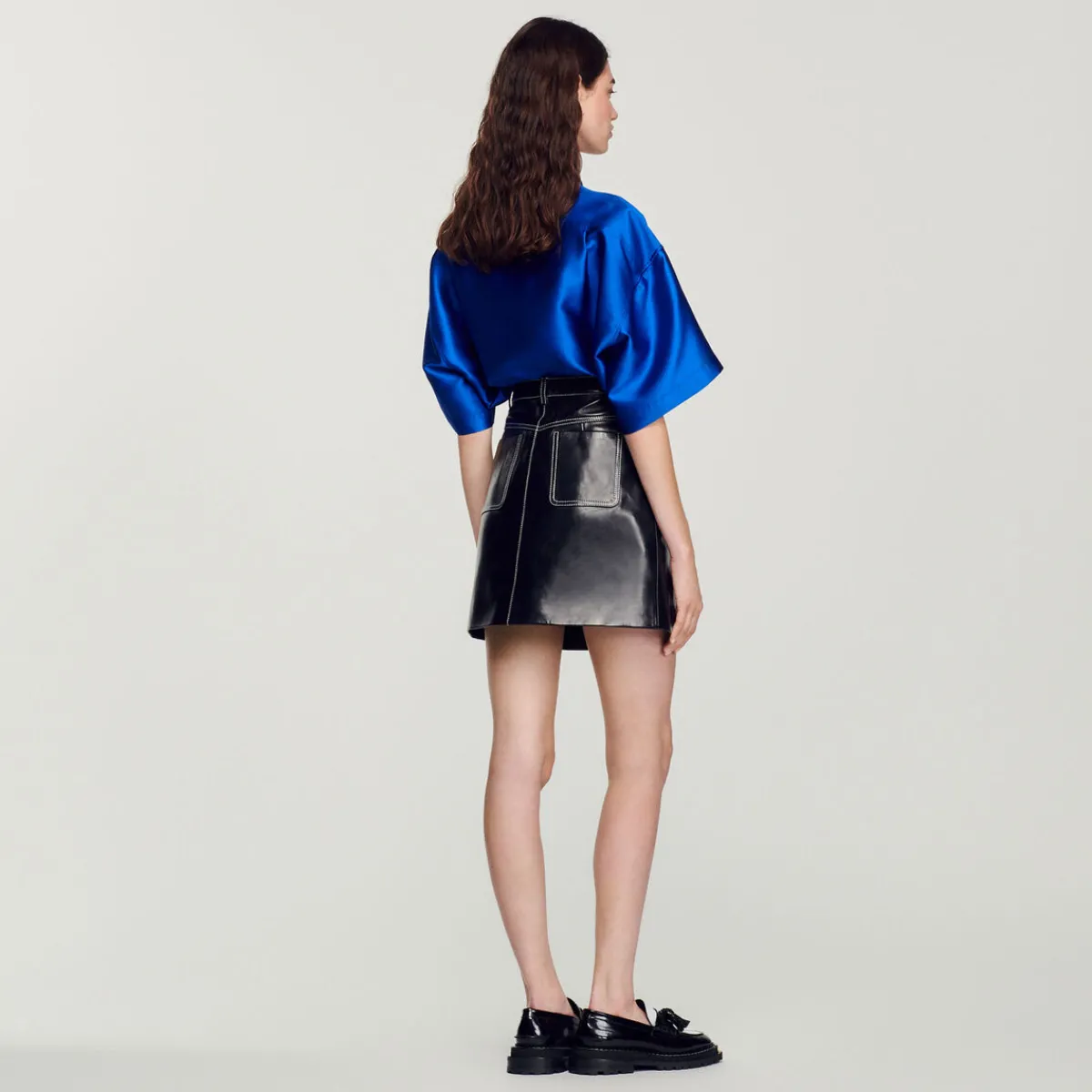Best Sale Short Topstitched Leather Skirt Women Skirts