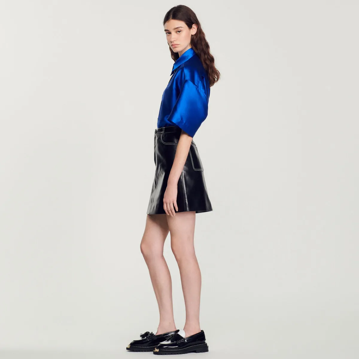 Best Sale Short Topstitched Leather Skirt Women Skirts