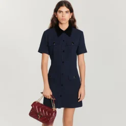 Cheap Short Tweed Dress With Velvet Collar Women Dresses