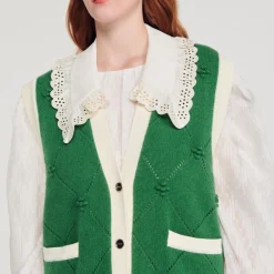 Store Sleeveless Coatigan With Lace Neck Women Sweaters & Cardigans