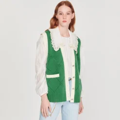 Store Sleeveless Coatigan With Lace Neck Women Sweaters & Cardigans