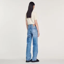 Hot Straight-Leg Jeans With Heart Embroidery Women Jeans