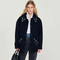 Cheap Wool Coat Embellished With Eyelets Women Coats